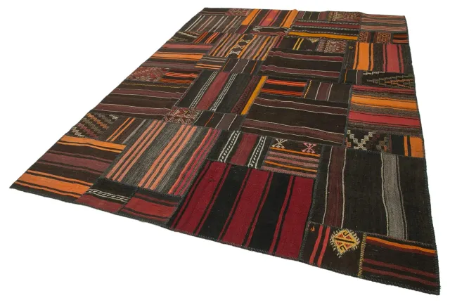 Brown Black Ethnic Kilim Patchwork Living Room Rug - Wool Handwoven 224x331 cm