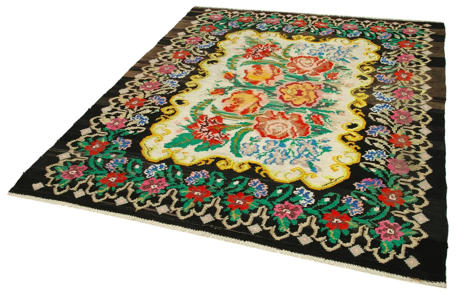 Black Cream Ethnic Floral Bedroom Rug - Wool Handwoven 181x211 cm