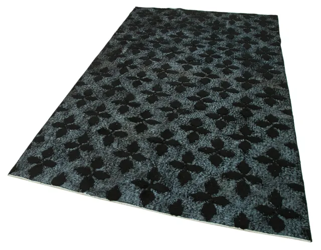Black Light Blue Distressed Geometric Bedroom Rug - Wool 156x256 cm