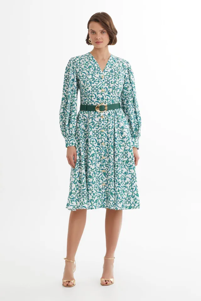 White Patterned Dress with Leather Belt