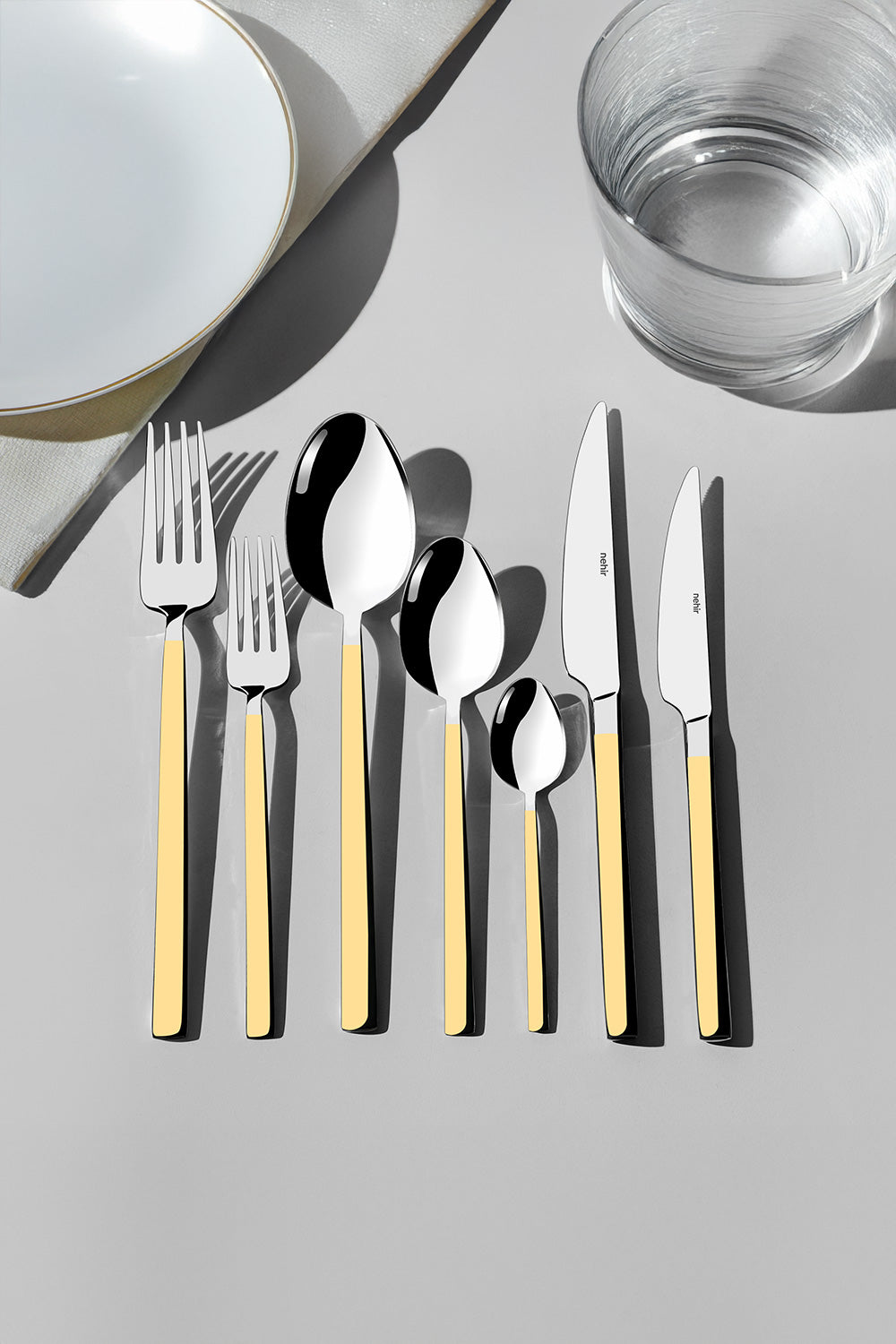 Dalyan Gold Plain 12-Person 84-Piece Fork, Spoon and Knife Set in Box