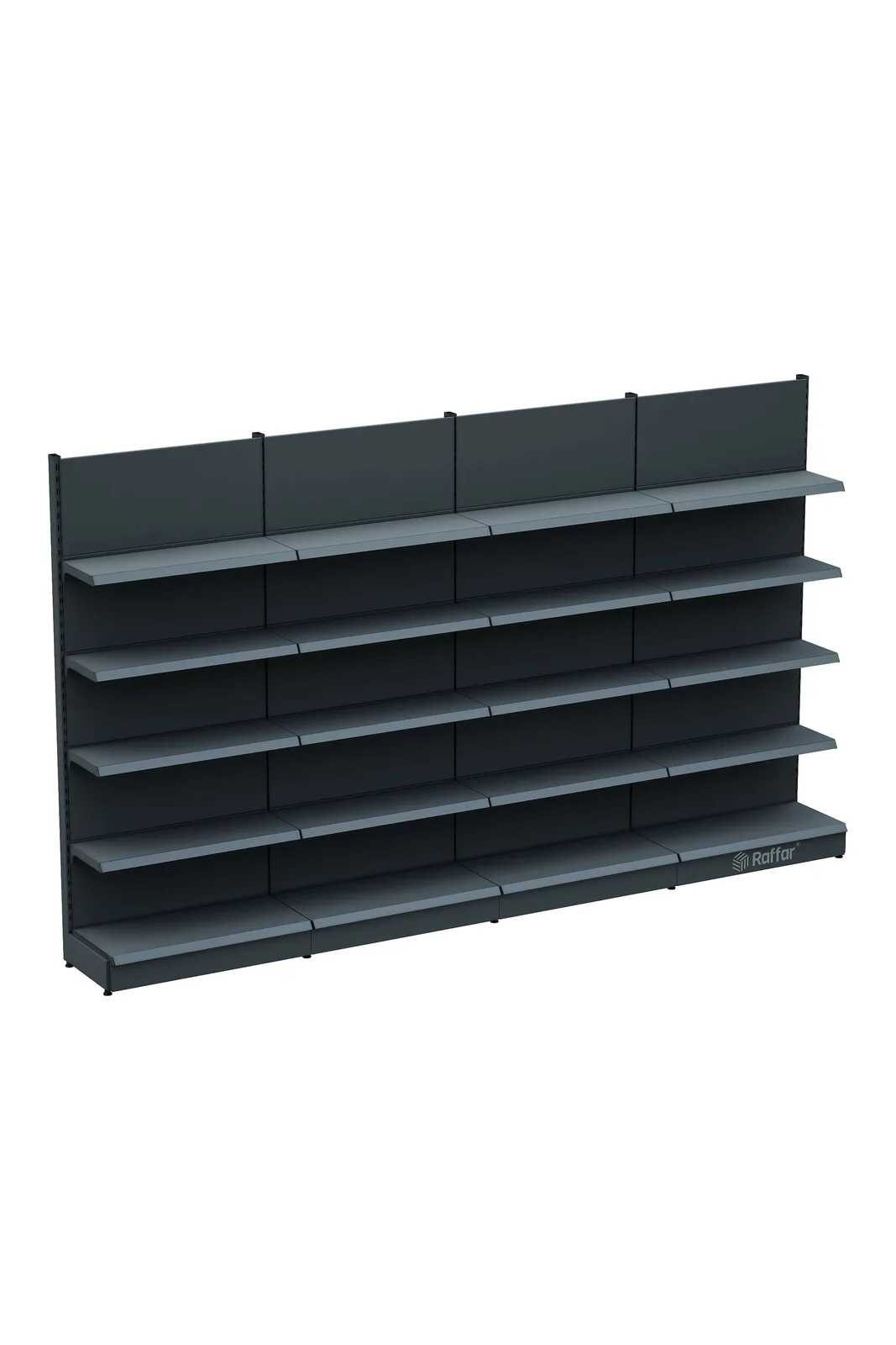 رف حائط سوبرماركت بقاعدة – 5 طوابق أنثراسيت، 4 وحدات – W360 × H220 × D30/40 cm