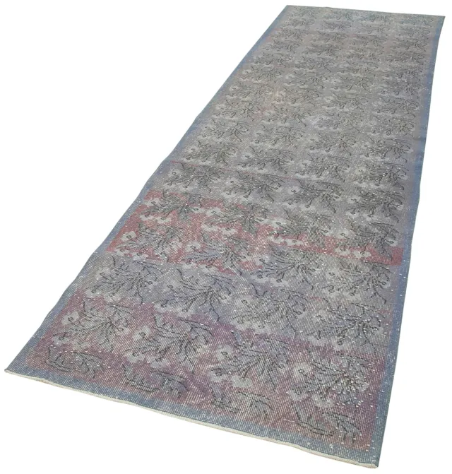 Light Gray and Blue Distressed Runner - Handwoven Wool 98x339 cm