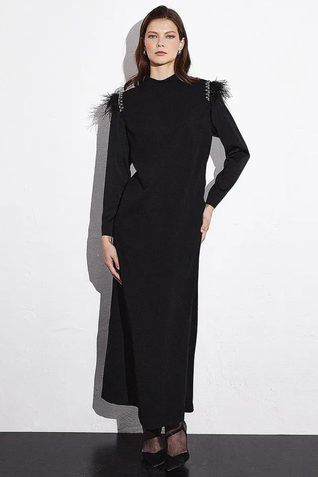 Kayra KA-A23-23016-12 Black Dress with Feather and Stud Details