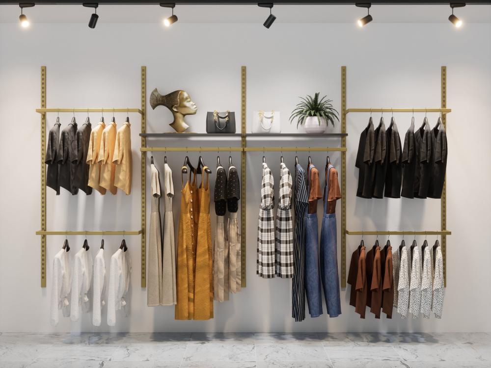365x200 cm wall-mounted modular store shelving system | 90 cm metal hanging-rail system, boutique shelf, fitting-room wardrobe system, store stand - 94