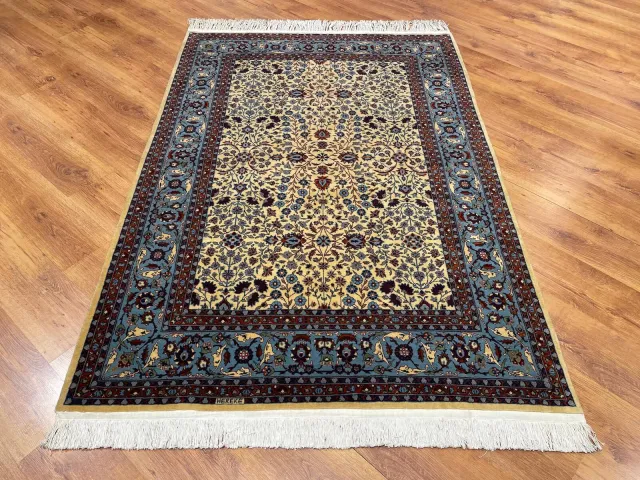 Hereke Hand-Woven Cream Rug with Flower of the Seven Mountains Pattern
