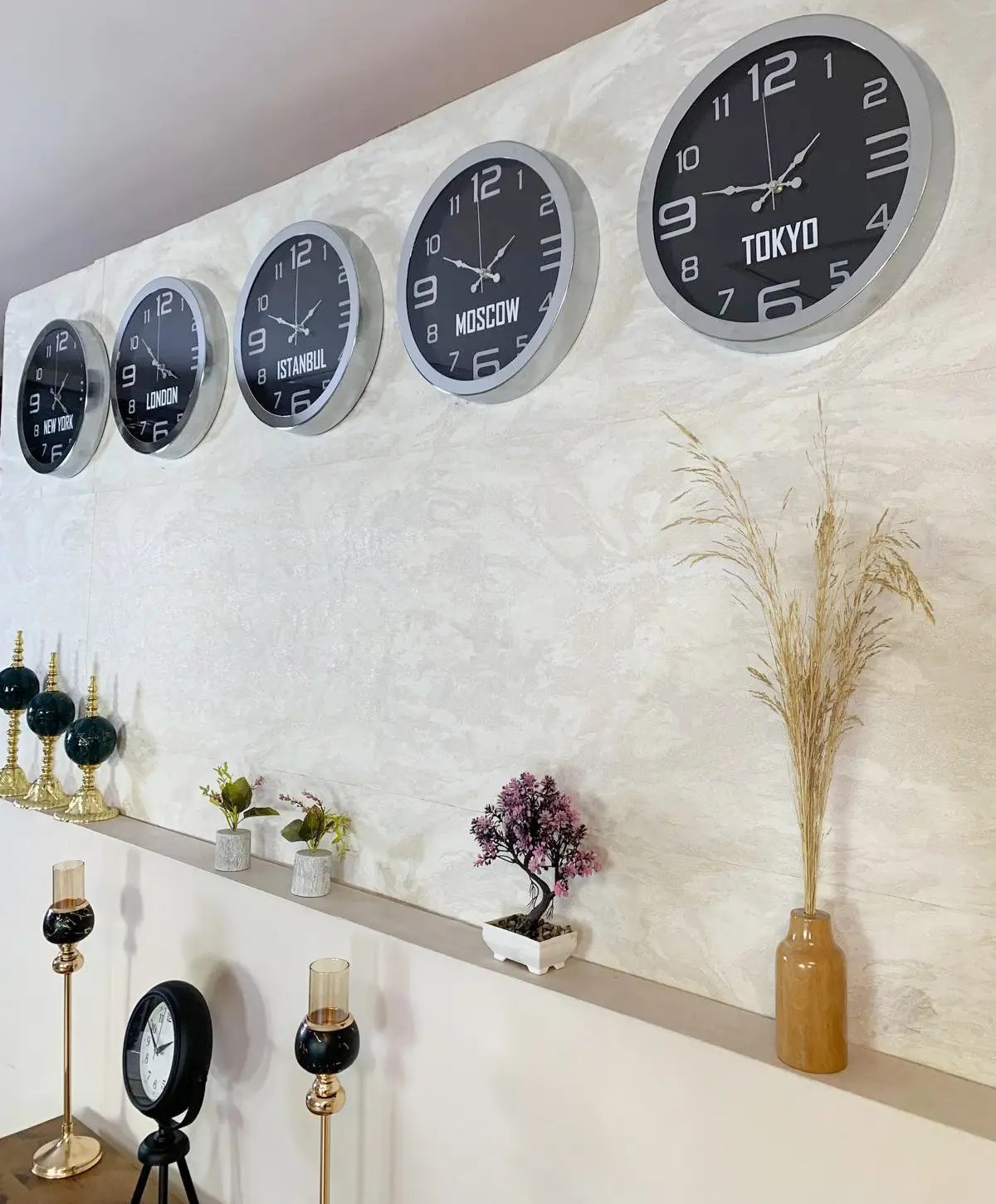 World Time Wall Clock 36 cm Chrome Metal Set of 5