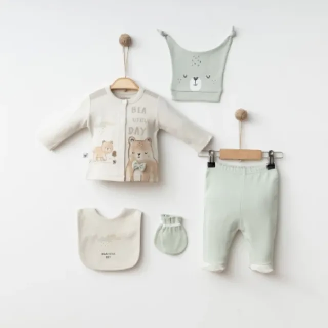 Gümüş Bow-Tie Teddy Bear Five-Piece Baby Boys’ Bodysuit Set 3015