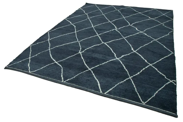 Navy Blue Cream Modern Geometric Living Room Rug - Wool 233x306 cm