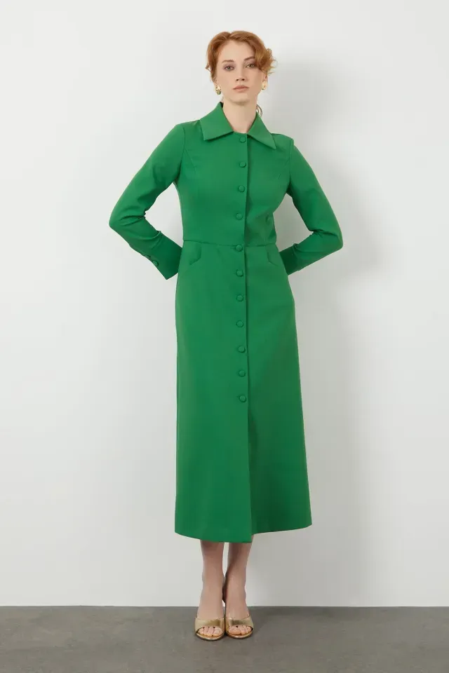 Midi Dress with Long Sleeves, Buttons and Shirt Collar