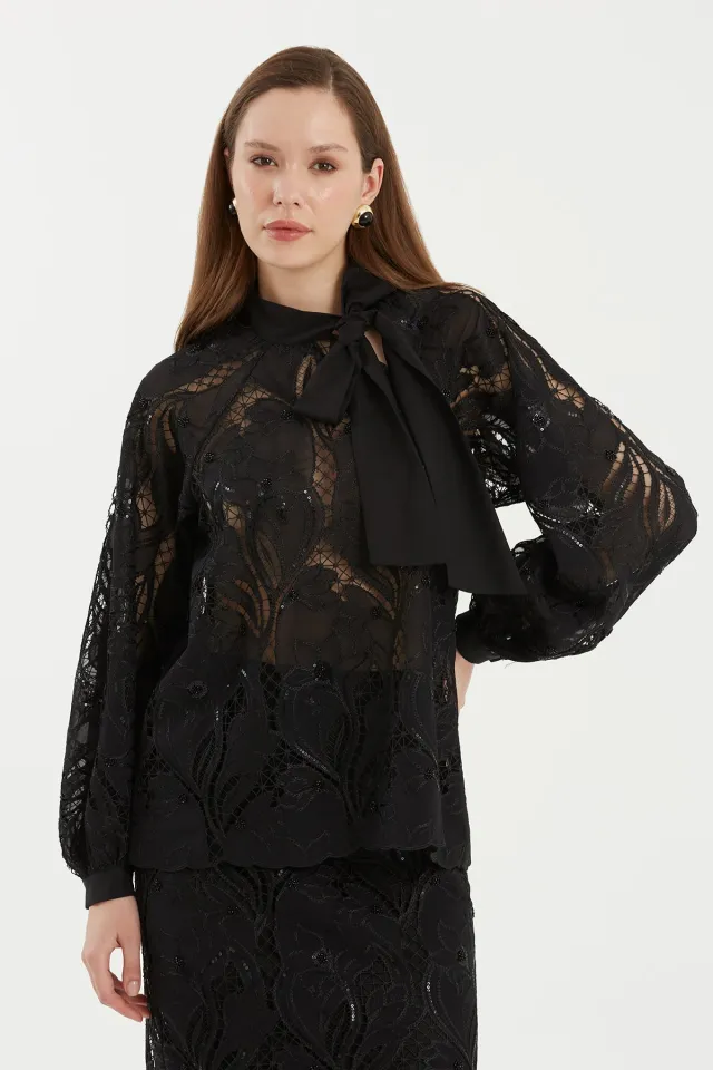 Balloon-Sleeve Transparent Patterned Black Blouse