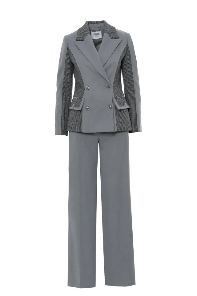 Jacket and Trousers Set with Double-Breasted Collar and Pocket Detail