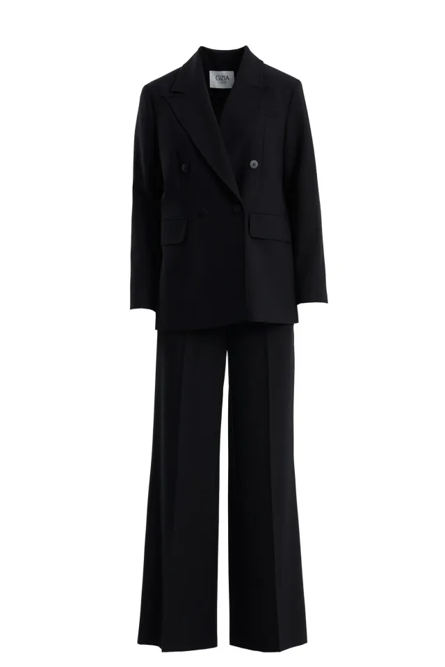 Double-Breasted Closure Jacket and Trousers Black Set