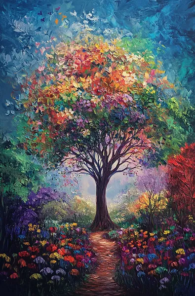 Yagli Boya Canli Renkler Hayat Agaci Yolu Canvas Tablo canvas wall art