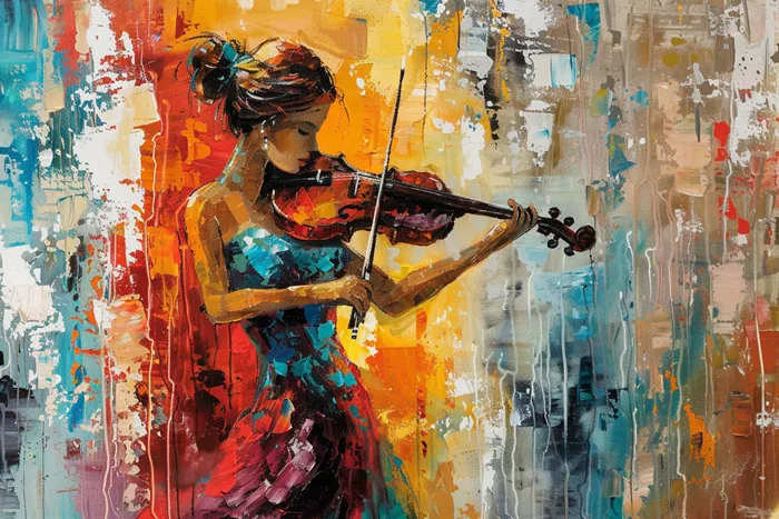 Yagli Boya Elbiseli Kemanci Melodisi Canvas Tablo canvas wall art