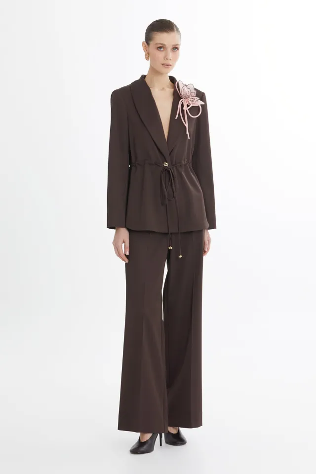 Floral Brooch Detail Brown Jacket and Trousers Set