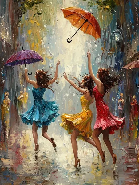 Yagli Boya Neseli Yagmur Dansi Semsiyeli Kadinlar Canvas Tablo canvas wall art