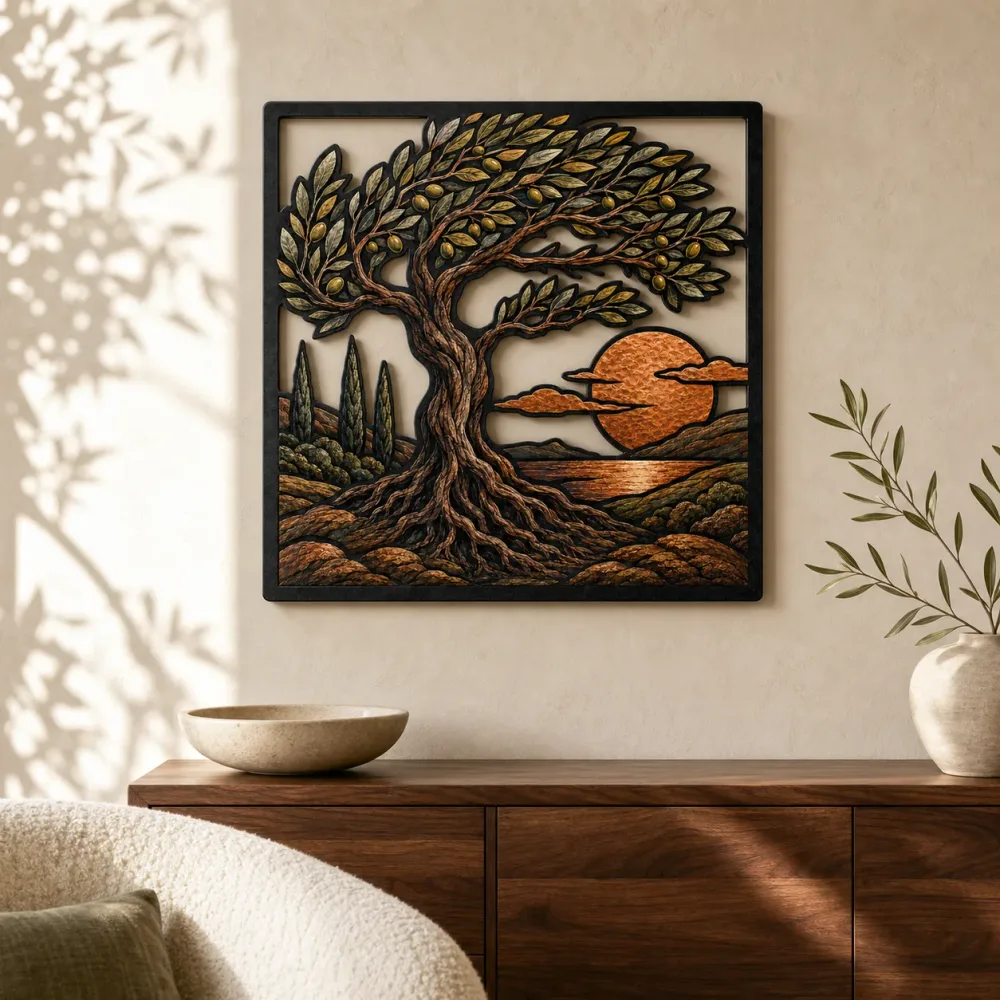 Windblown Olive Tree over Coastal Sunset Colorful Metal Wall Art