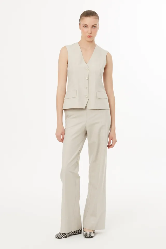 Beige Linen-Blend Vest and Pants Set