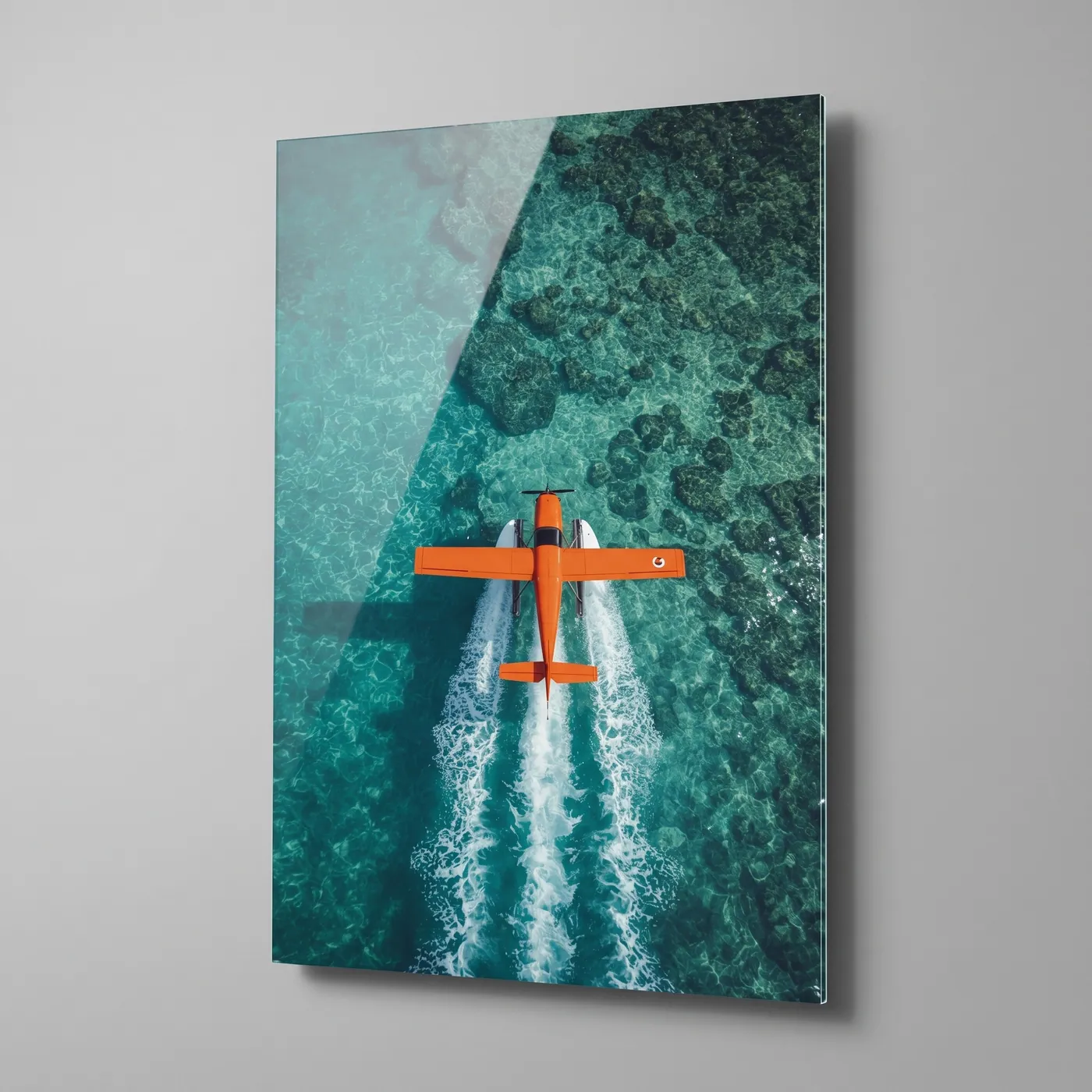 Seaplane Over Turquoise Waters Vertical Glass Wall Art glass wall art
