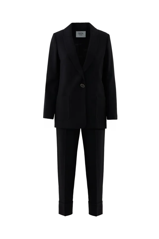 Double-Breasted Jacket and Double-Hem Trousers Black Set