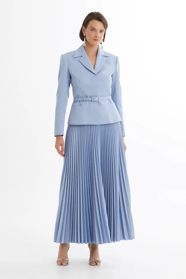Blue Set with Belted Jacket and Pleated Skirt