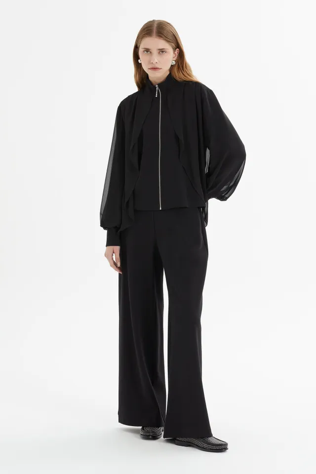 Set with Draped Jacket and Wide-Leg Trousers