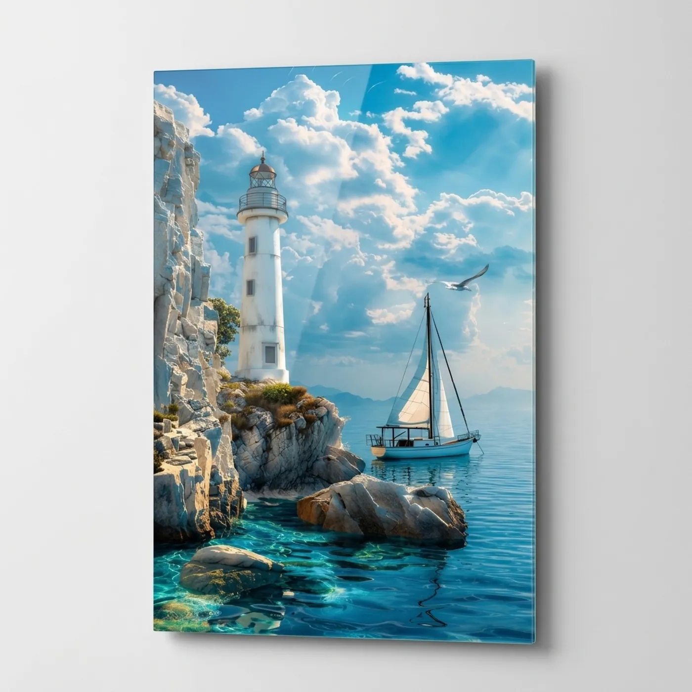 Lighthouse and Sailboat Vertical Glass Wall Art glass wall art
