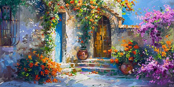 Yagli Boya Ege Koyu Mor Begonvilli Ev Canvas Tablo canvas wall art