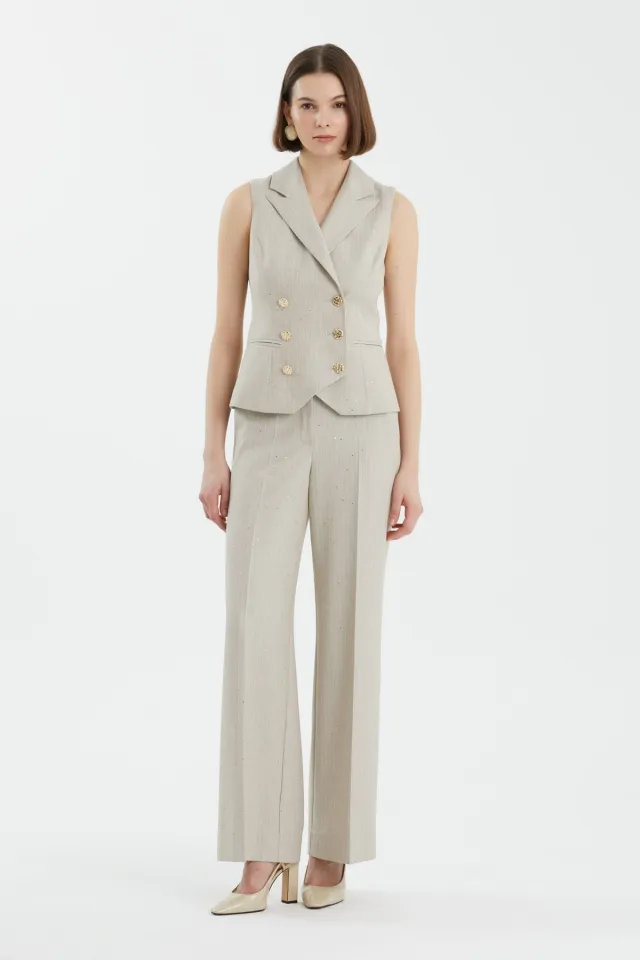 Double-Breasted Sequined Vest Beige Set