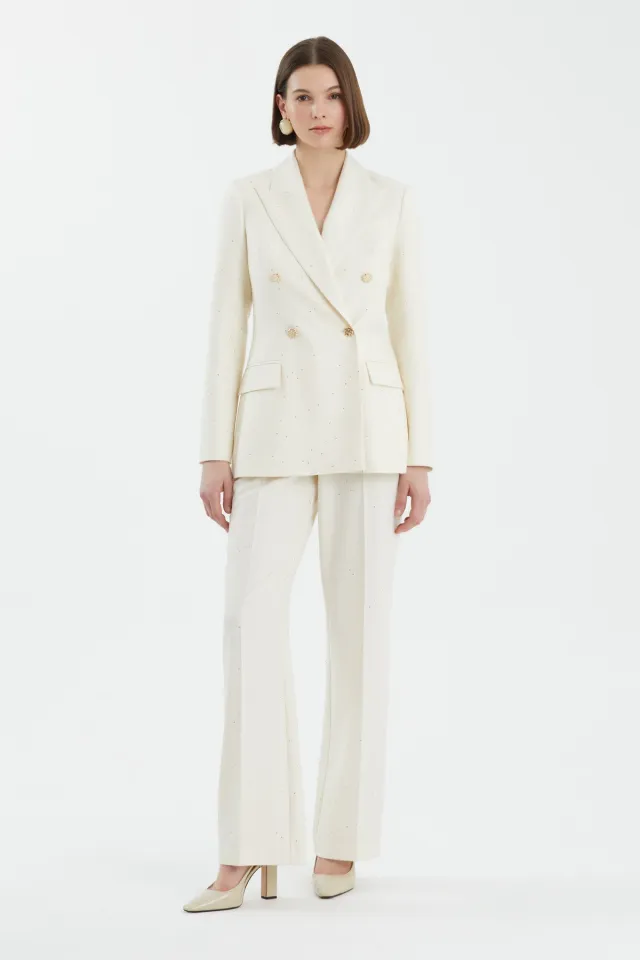 Double-Breasted Sequined Jacket Trousers Ecru Set