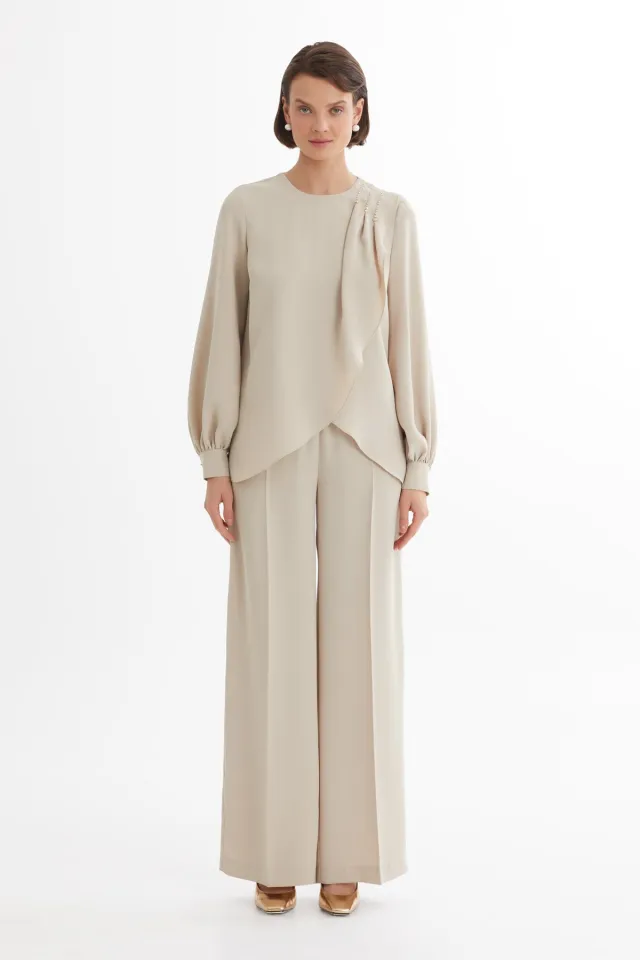 Beige Asymmetric Blouse and Trousers Set