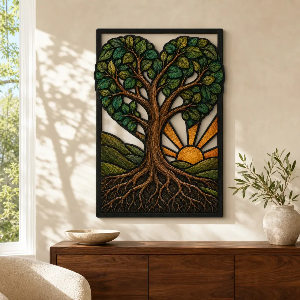 Heart Shaped Tree of Life at Sunrise Colorful Metal Wall Art