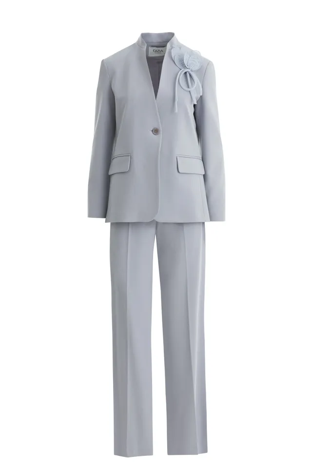 Floral Detail Grey Blazer Set