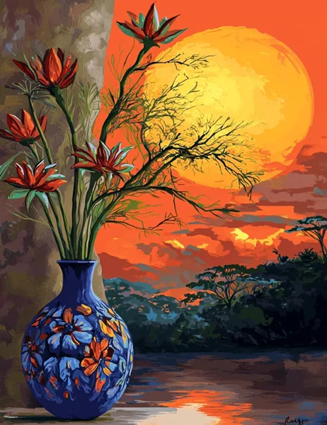 Yagli Boya Gun Batimi Cicekleri Vazoda Afrika Canvas Tablo canvas wall art