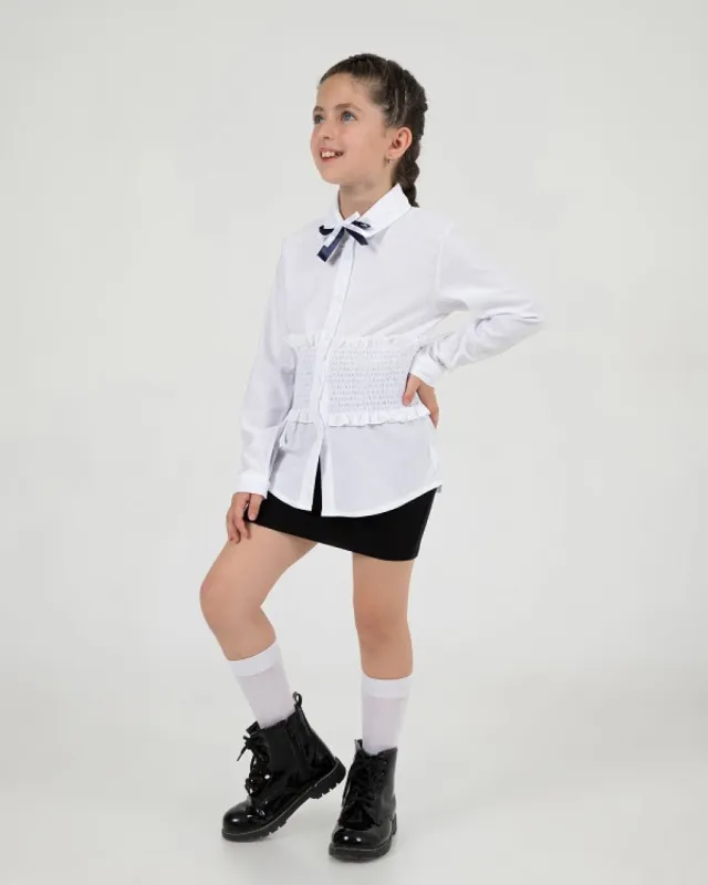 Büşra Bebe Girls’ White Smocked-Waist School Shirt 24204