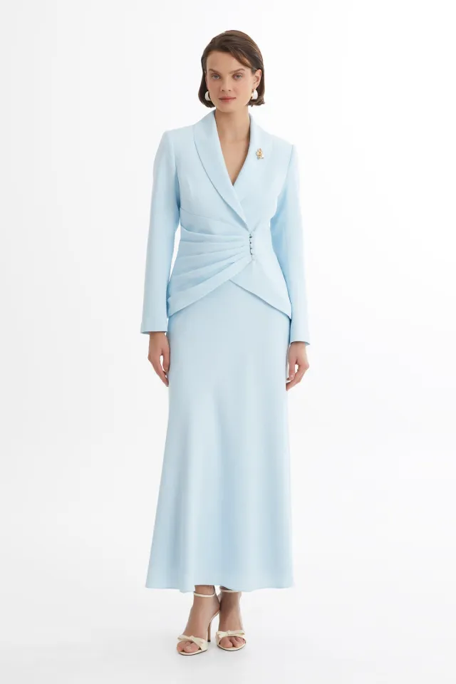 Shawl Collar Jacket and Skirt Blue Set