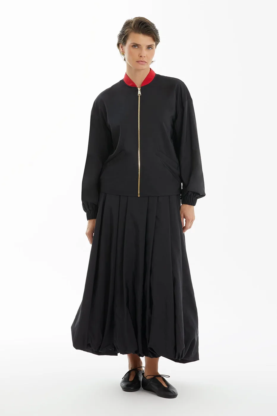 Black Bomber Jacket And Skirt Set