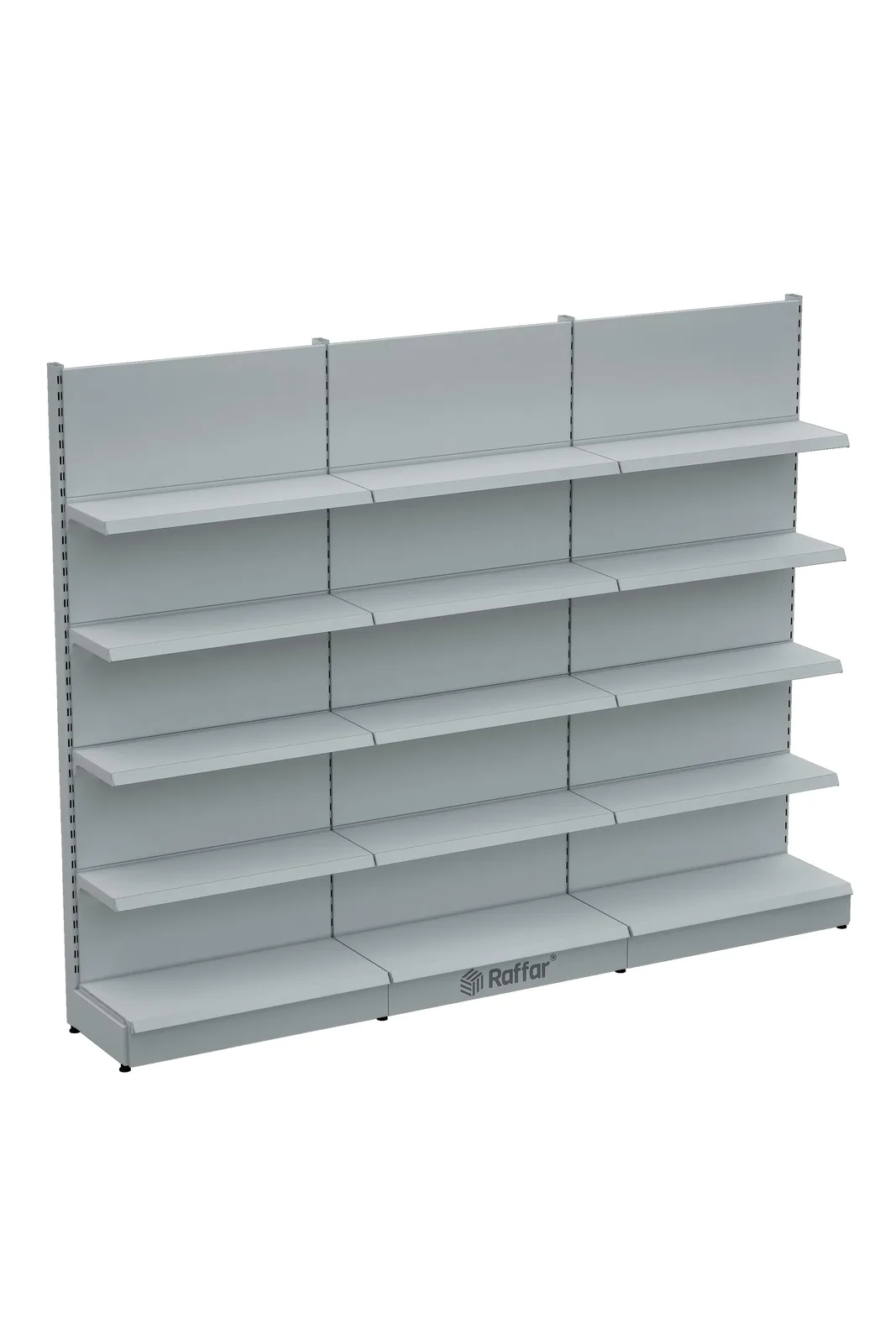 رف حائط سوبرماركت بقاعدة – 5 طوابق أبيض، 3 وحدات – W270 × H220 × D30/40 cm