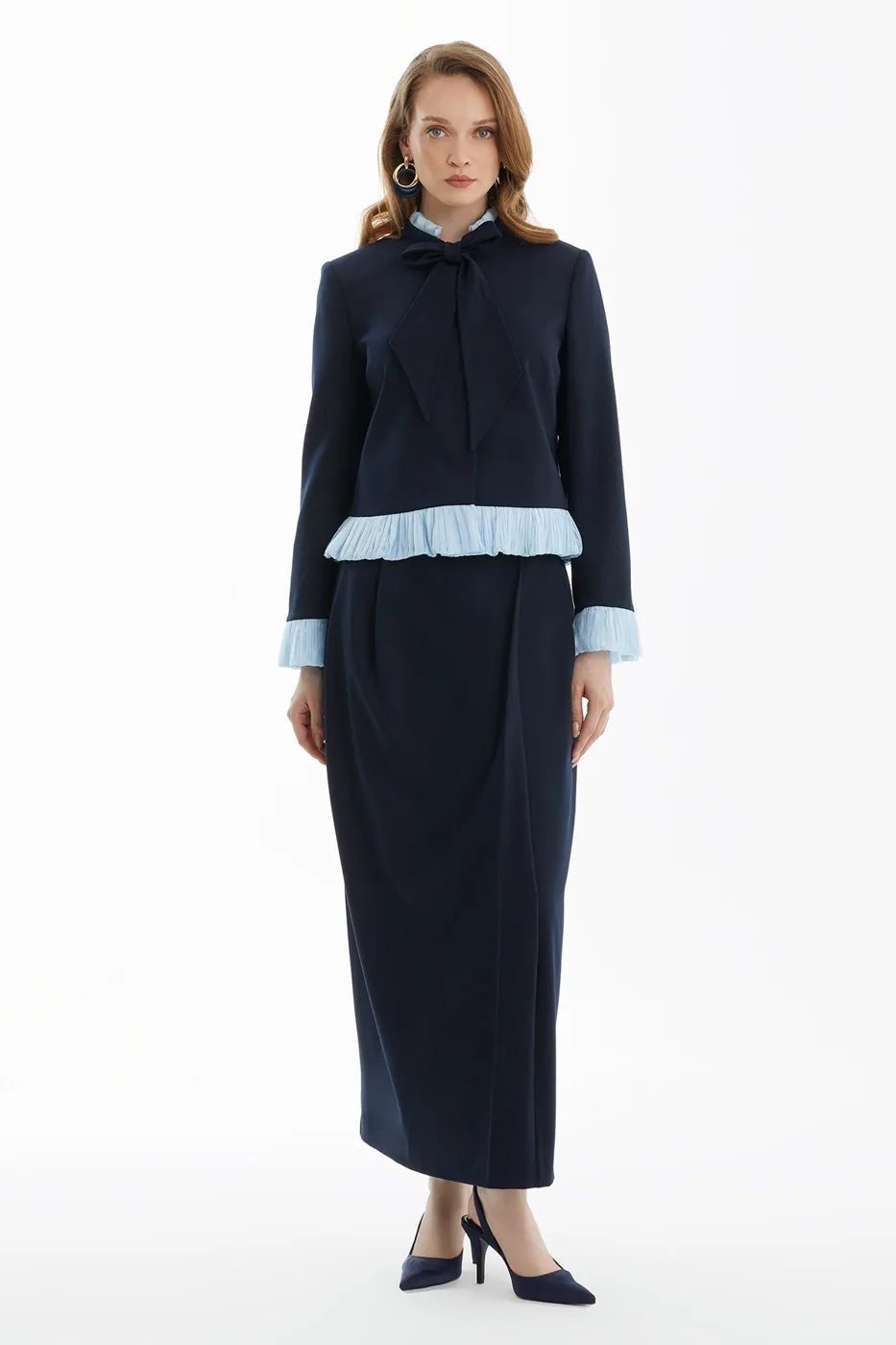 Navy Jacket And Skirt Set With Tie Detail