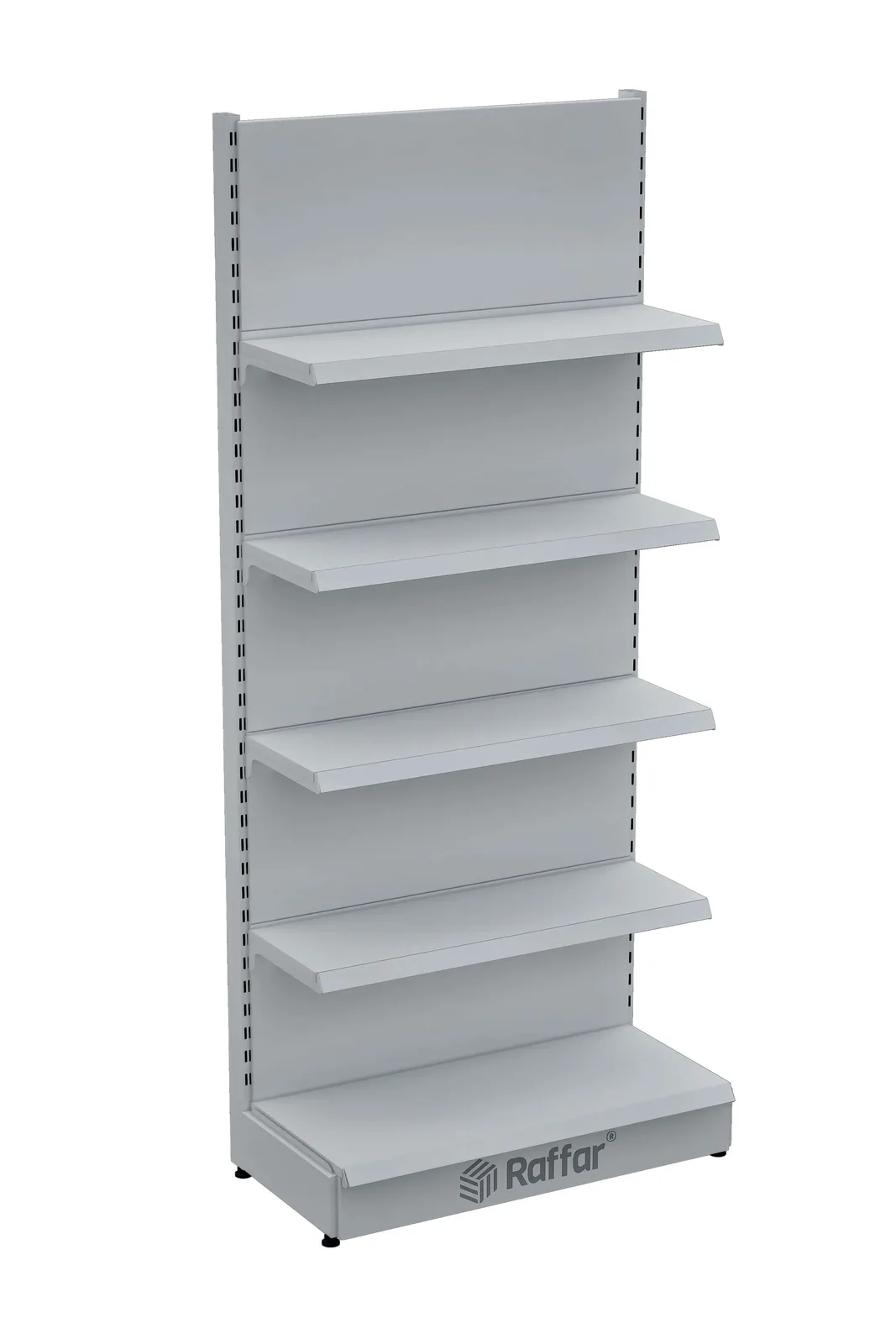 رف حائط سوبرماركت بقاعدة – 5 طوابق أبيض، وحدة واحدة – W90 × H220 × D30/40 cm