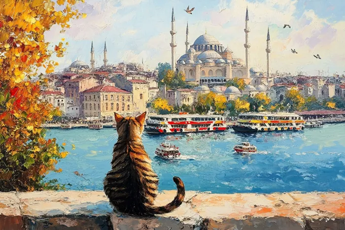 Yagli Boya Kedi Gozunden Sonbahar Istanbul Bogazi Canvas Tablo canvas wall art