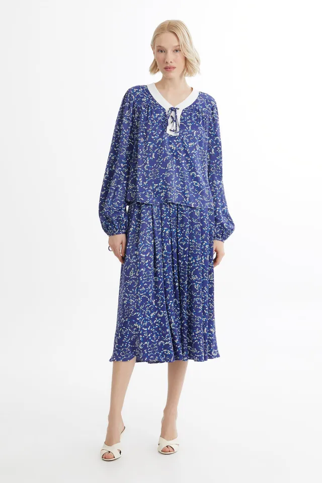 Blue Set with Tie Blouse and Patterned Skirt