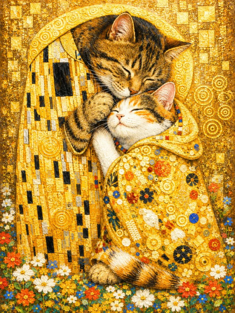 Klimt mother cat and kitten oil-style canvas wall art