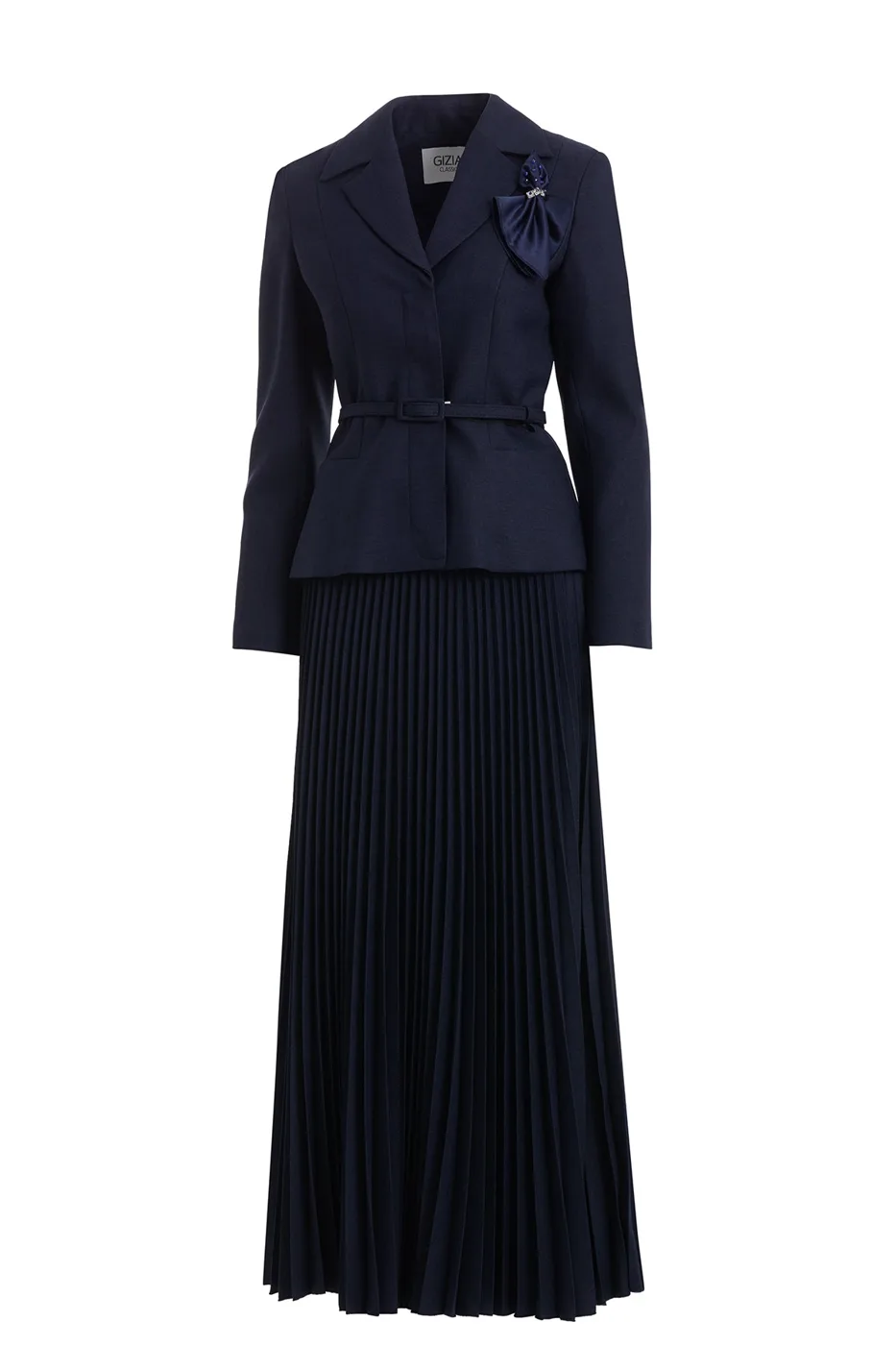 Navy Skirt Set With Handkerchief Brooch Detail