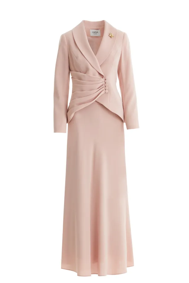 Shawl Collar Brooch Detail Pink Set