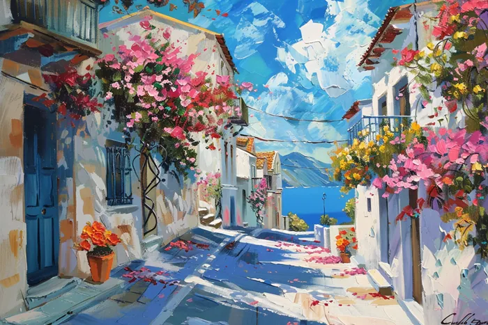Yagli Boya Ege Sokagi Cicekli Evler Canvas Tablo canvas wall art