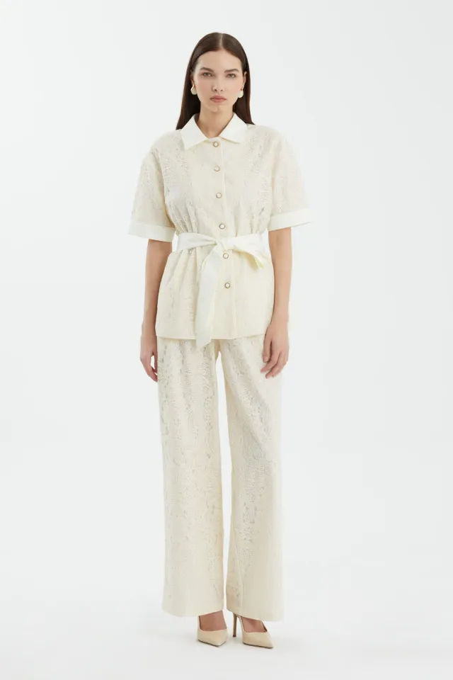 Sash-Tie Shirt and Trousers Ecru Set