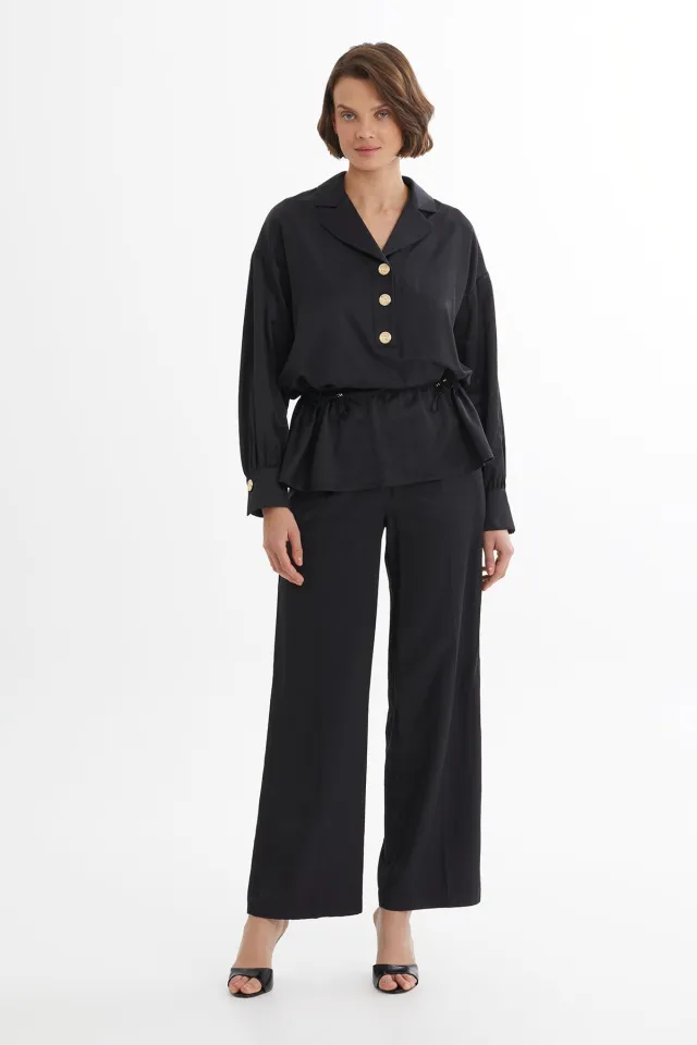 Black Blouse and Trousers Set with Gathered Waist