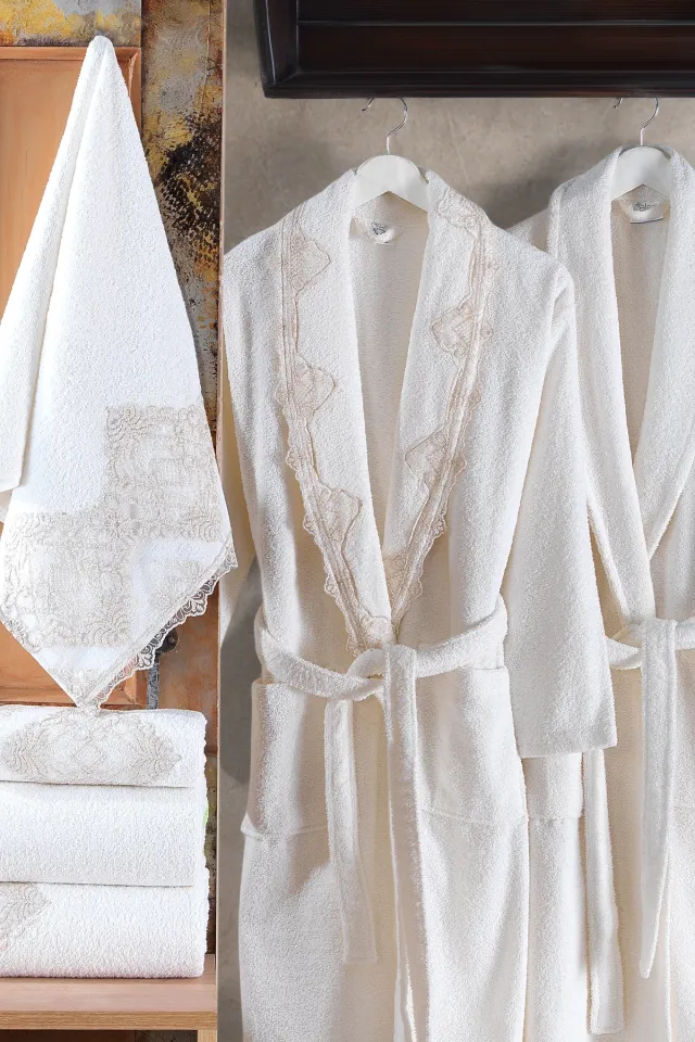 Elart Bride Family Bathrobe Set Laced 100% Natural Cotton 6 Pieces Cream